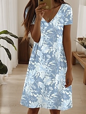abordables Robes fleuries-Femmes Mini Robe Robe T-Shirt Robe d&#039;Été Robe trapèze Robe d&#039;été Vacances Occasionnel Chaussures de plage Quotidien Sports Fête Coupe régulière Fleuri Graphique Manche Courte Col en V Bleu Ciel Vert