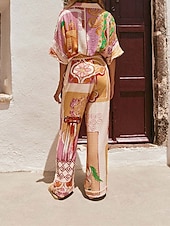 economico Set in cotone e lino-Per donna Moda Streetwear Camicie di cotone e lino Set di biancheria in cotone Set di Pantaloni Manica Corta Colletto a Camicia Graffiti Stampato Abbigliamento quotidiano Data Arancione Estate