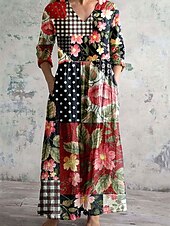 abordables Robes fleuries-Femmes Robe Midi Robe trapèze Robe d&#039;été Élégant Bohème Ethnique Coupe Ample Fleuri Graphique Manche 3/4 Col en V Jaune Rouge Kaki Été
