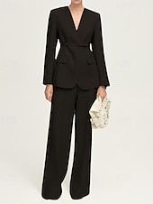 cheap Mom&#039;s Pant Suits-Collarless Blazer Two Piece Pantsuit Pantsuit Linen Blended Mother of the Bride Pantsuit Elegant Simple Minimalist V Neck Floor Length Long Sleeve with Solid Color 2025