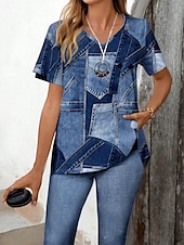 abordables Ensembles courts pour femmes-Femmes Mode Élégant T-shirt Ensembles de Shorts Manche Courte Col en V Graphique Géométrique 3D Patchwork Imprimé Décontracté Quotidien Noir Bleu Encre Bleu clair Été Coupe régulière