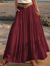 abordables concevoir des robes en coton et lin-Femmes Taille Asiatique Évasé Jupes en lin Occasionnel Été Midi Taille haute Jupes Couleur Unie Froncé Plissé Avec Poches Élastique Vacances Quotidien Vin Rouge pastèque Moutarde verte couleur orange