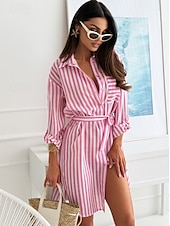 ieftine Rochii casual florale-Pentru femei Rochie Mini Rochii Tip Cămașă Rochie imprimata Elegant Zilnic Ieșire Fit regulat Leopard Dungi Manșon Lung Guler Cămașă Leopard Roz Îmbujorat Albastru piscină Toamnă