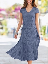 voordelige Thee Lengte-Strandbruiloft Sheath Moeder van de Bruid Jurk Bruiloft Gast Elegant Party Petite V-hals Thee Lengte Kant Korte Mouw met Plissee Effen Kleur gratis maatwerk