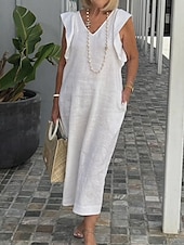 economico disegnare abiti in cotone e lino-Per donna Abito Lungo Maxi Abito Abiti in cotone e lino Vestito Casual Moda All&#039;aperto Feste Ferie Vestibilità regolare Semplice Senza Maniche Scollo a V Nero Bianco Blu marino Estate