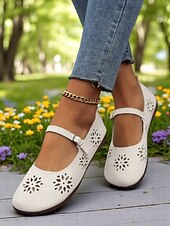 cheap Women&#039;s Flats-Women&#039;s Comfort Mary Jane Wide-Toe Flats with Floral Cutouts – Soft Sole Casual Barefoot Shoes for Ladies – Great for Brunch, Farmers Markets and Outdoor Leisure
