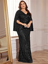 economico VERDE-Abiti Plus Size Sirena  Tromba Elegante Abito Curvilineo Formale Matrimonio Lunghezza Piena a Manica Lunga con Scollatura a V in Paillettes con Paillettes