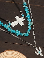 cheap Women&#039;s Necklace-Women&#039;s Western Layered Turquoise Beaded Necklace Set – Boho Statement Jewelry with Cactus &amp; Teardrop Charms, Ideal for Festivals, Country Concerts and Casual Wear