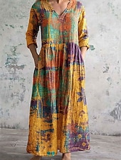 abordables Robes fleuries-Femmes Robe Midi Robe trapèze Robe d&#039;été Élégant Bohème Ethnique Coupe Ample Fleuri Graphique Manche 3/4 Col en V Jaune Rouge Kaki Été