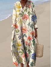 cheap Floral Dress-Women&#039;s Midi Dress Sundress A Line Dress Vacation Casual Boho Party Going out Beach Floral Graphic Long Sleeve V Neck Gray Green Dark Pink off-white Pink / White Summer Spring