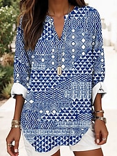 cheap Stripe&amp;Geometric Tops-Women&#039;s Shirt Cotton Linen Shirt Blouse Graphic Striped Daily Hawaiian Business Long Sleeve V Neck Regular Tops Work Daily Holiday Buttons Print Black Blue Green Light Blue Summer Spring