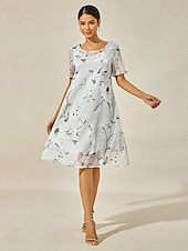 cheap Casual Dress-Women&#039;s Elegant Chiffon Dress Floral Mesh Print Crew Neck Midi Dress Daily Vacation Short Sleeve Summer Spring
