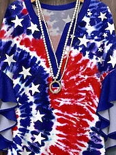 cheap Independence Day Top-Women&#039;s Patriotic  Blouse Layered Ruffle Sleeve Tops Graphic Flag Bohemia Vintage Ethnic 3/4 Length Sleeve V Neck Tops Daily Holiday Vacation Wear Print Red Royal