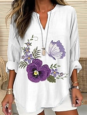 cheap Floral Tops-Women&#039;s Blouse Floral Graphic Elegant Stylish Romantic Long Sleeve V Neck Regular Tops Daily Holiday Print White Purple Violet Summer Spring