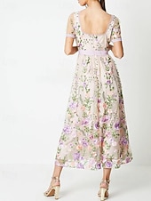 voordelige Thee Lengte-A-Lijn Cocktailjurken Elegante Jurk Semi Formele Bruiloft Thee Lengte Korte Mouwen Crew Hals Kant met Bloemen Borduurwerk