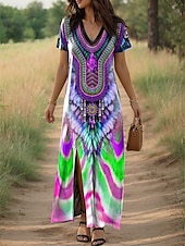 tanie Sukienki boho-Damskie Sukienka maxi Sukienka letnia Sukienka A line Letnie sukienki Urlop Codzienny Codzienny Regularny Graficzny Geometryczny W Tureckie Wzory Krótki rękaw W serek Rumiany róż Fioletowy Zielony