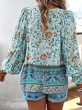 cheap Boho Tops-Women&#039;s Boho Shirt Blouse Flower Modern Boho Long Sleeve V Neck Regular Tops Daily Going out Print Yellow Pink Navy Blue Blue Orange Summer