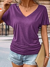 Dámské Halenka Pevná barva Denní Základní Na běžné nošení Krátký rukáv Do V Běžné topy Denní Nabírané šaty Černá Bílá Fialová Vodní modrá Fialová Léto levne jednoduché tričko-Dámské Halenka Pevná barva Denní Základní Na běžné nošení Krátký rukáv Do V Běžné topy Denní Nabírané šaty Černá Bílá Fialová Vodní modrá Fialová Léto