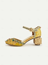 abordables Barroco &amp; Declaración-Tacones de bloque bordados barrocos de mujer estilo real dorado inspirado en el Gatsby de los años 1920 con adornos de piedras preciosas para ocasiones formales escénicas y de vestuario