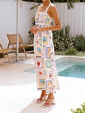 cheap Design Cotton &amp; Linen Dresses-Women&#039;s Long Dress Maxi Dress Cotton Linen Dresses Casual Dress Fashion Outdoor Party Holiday Regular Fit Fruit Sleeveless Spaghetti Strap Beige Summer