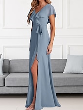 cheap Bridesmaid Dresses-A-Line Bridesmaid Dress V Neck Short Sleeve Elegant Floor Length Chiffon with Sash / Ribbon / Ruffles / Split Front