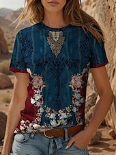 billige Boho t-skjorte-Dame T skjorte Blomstret Grafisk Fargeblokk Bohem Årgang Etnisk Kortermet Crew-hals Rund hals Vanlige topper Daglig Ut på byen Helg Trykt mønster Rød Blå Lilla Grønn Sommer Vår
