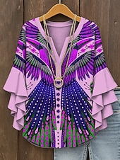 tanie Damskie topy boho-Damska koszula retro z warstwowym rękawem w falbanki vintage z graficznym wzorem geometrycznym abstrakcyjnym bohemia vintage codzienna z rękawem 3/4 półrękawem dekoltem w serek regularna na co dzień