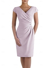 cheap Tea Length-Sheath Mother of the Bride Dress Wedding Guest Elegant V Neck Knee Length Stretch Fabric Short Sleeve with Ruched free custom size