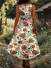 abordables Robes Bohémiennes-Femmes Robe Midi Robe trapèze Robe d&#039;été Vacances Occasionnel Boho Sortir Plage Coupe régulière Fleuri Graphique Sans manches Col en V Jaune Bleu Violet Vert Été Printemps
