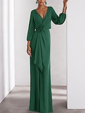 economico VERDE-Linea ad A Abito da Sera Elegante Vestito Formale Matrimonio Lunghezza al pavimento Manica Lunga Scollo a V Crepe Elasticizzato con Volant 2025
