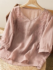 ieftine Cămăși-Cămașă de damă din bumbac și in, model floral, simplu, etnic, casual, mânecă 3/4, decolteu în V, croială regulată, topuri, zi de zi, brodat, galben, albastru marin, violet, portocaliu, caisă, vară