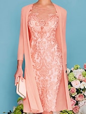 preiswerte Mit Jacke-zweiteiliges Etuikleid in Champagner für die Strandhochzeit, Mutter der Braut, elegantes Hochzeitsgastkleid mit Rundhalsausschnitt, knielang, Chiffonspitze, 3/4-Ärmel, Wickelkleid inklusive Jacke,