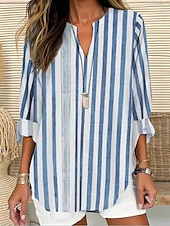 economico Top a Righe e Geometrici per Donne-Per donna Camicia Camicia in cotone e lino Blusa Grafico A righe Quotidiano Hawaiano Affari Manica Lunga Scollo a V Top Regolari Lavoro Quotidiano Ferie Bottoni Stampato Blu Grigio Azzurro Estate