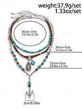 cheap Women&#039;s Necklace-Women&#039;s Western Layered Turquoise Beaded Necklace Set – Boho Statement Jewelry with Cactus &amp; Teardrop Charms, Ideal for Festivals, Country Concerts and Casual Wear