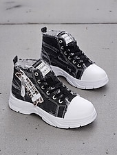 preiswerte Damen-Sneaker-Damen-Denim-High-Top-Plateau-Sneaker mit Leoparden-Detail – lässige Streetstyle-Schnürschuhe für Teenager und junge Erwachsene
