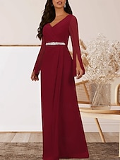 preiswerte Bodenlänge-A-Linie Brautmutterkleid Hochzeitsgast Elegant V Ausschnitt Bodenlang Chiffon Langarm mit Kristalle Raffung 2025