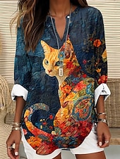 abordables Animaux Tops-Femmes Hauts d&#039;été Graphique Chat ancien Tropical Hawaïen manche longue Col en V Hauts Réguliers Quotidien Fête Tenue de plage Imprimé Bleu Vert Beige Été Printemps