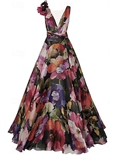 abordables FLORALES-Robe de soirée A-Line élégante robe formelle invitée de mariage longueur sol sans manches décolleté en V en organza avec imprimé floral fleur d&#039;épaule robe invitée de mariage