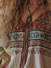 billige Kvinne Boho Topper-Dame Bluse Blomstret Grafisk Bohem Årgang Tropisk 3/4 ermer V-hals Vanlige topper Rynket Trykt mønster Beige Sommer Vår