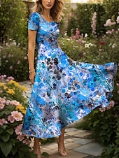 preiswerte Blumenkleider-Damen Maxikleid Freizeitkleid A Linie Kleid Sommerkleid Elegant Urlaub Lässig Normale Passform Grafik Blatt Kurzarm Quadrathals Rundausschnitt Gelb Rote Blau Purpur Sommer
