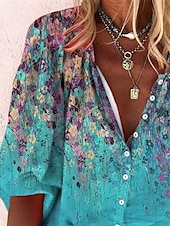 voordelige Bloemen tops-Dames Blouse Ombre Bloemig Grafisch Bohemen Dagelijks Casual 3/4 mouw Hoge nek Normale tops Knop Afdrukken Marineblauw Hemelsblauw Zomer Lente