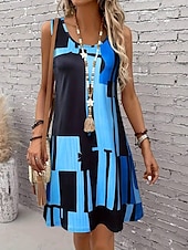 cheap Stripe&amp;Geometric Dress-Women&#039;s Mini Dress Sundress A Line Dress Summer Dress Vacation Casual Regular Fit Graphic Geometric Color Block Sleeveless U Neck Light Brown Blue Summer Spring
