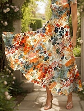 preiswerte Blumenkleider-Damen Maxikleid Freizeitkleid A Linie Kleid Sommerkleid Elegant Urlaub Lässig Normale Passform Grafik Blatt Kurzarm Quadrathals Rundausschnitt Gelb Rote Blau Purpur Sommer