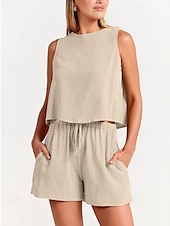 cheap Sets-Women&#039;s Active Basic Cotton Linen Sets Blouse Shorts Sets Sleeveless Crew Neck Solid Color Drawstring Going out Weekend Black Blue Orange Summer Regular Fit