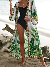 billiga Kaftans-Dam Badkläder Täck Över Baddräkt knyt fram Tropisk Standkläder Blomma V-hals Långärmad Baddräkter
