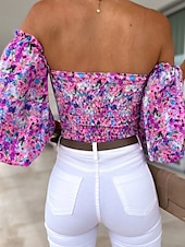 preiswerte Damen Grafik Tops-Damen Boho-Hemd Bluse Blume Modern Boho Langarm Schulterfrei Normale Oberteile Täglich Ausgehen Druck Erröten Sie Rosa Rosa Wein Rote Purpur Sommer