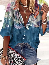 voordelige Bloemen tops-Dames Blouse Ombre Bloemig Grafisch Bohemen Dagelijks Casual 3/4 mouw Hoge nek Normale tops Knop Afdrukken Marineblauw Hemelsblauw Zomer Lente