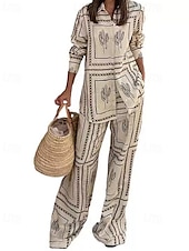 abordables Ensembles-Femmes Mode Streetwear Chemises en coton et lin Ensembles en coton et lin Ensembles de Pantalons Manche Courte Col de chemise Géométrique Imprimé Tenue quotidienne Date Beige Été Coupe régulière