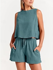 cheap Sets-Women&#039;s Active Basic Cotton Linen Sets Blouse Shorts Sets Sleeveless Crew Neck Solid Color Drawstring Going out Weekend Black Blue Orange Summer Regular Fit