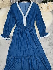 halpa Boho-mekot-Naisten Pitkä mekko Maxi mekko Boho-mekko Länsimainen mekko Muoti Moderni Loma Pyhäpäivä Bile Normaali Väripalikka Pitkähihainen V kaula-aukko Sininen Kesä